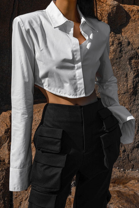 Premium Cropped Detachable Shoulder Pad Shirt in White